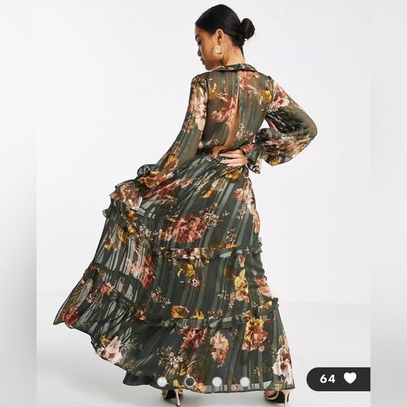 ASOS DESIGN chiffon floral green tiered maxi dress with tie front in satin NWT - Picture 2 of 4